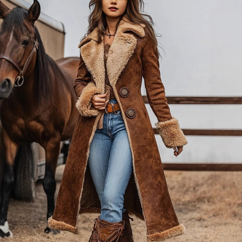 Damen Langer Veloursleder‑Look Mantel mit Lammfell‑Imitatfutter und dekorativer Doppelknopfleiste Nord Taschen