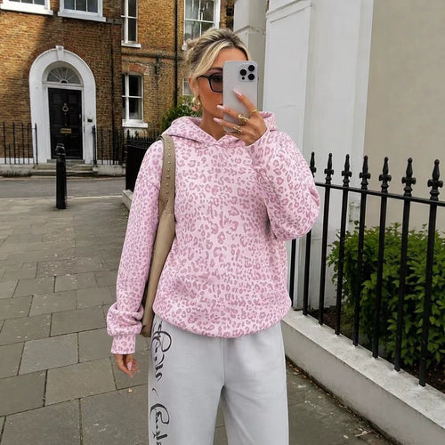 Damen Lockerer Kapuzenpullover im Leoprint mit Oversize-Schnitt Nord Taschen