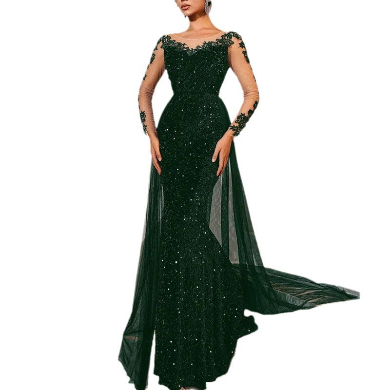Damen Glamouröses Abendkleid mit schimmerndem Spitzenoberteil und fließendem Tüllumhang Avellé