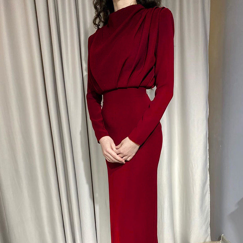 Damen Elegantes Midikleid mit Drapierter Vorderpartie, Hohem Kragen und Tailliertem Bleistiftschnitt Nord Taschen