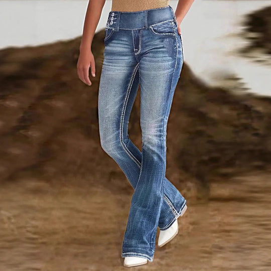 Damen hochtaillierte Flared-Jeans mit seitlicher Ziernaht und sculptendem Stretchbund Nord Taschen