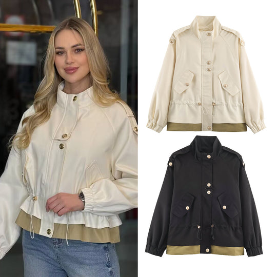 Damen 10+ kurze Utility-Jacke mit Taillenraffung, Stehkragen und Schulterklappen Nord Taschen