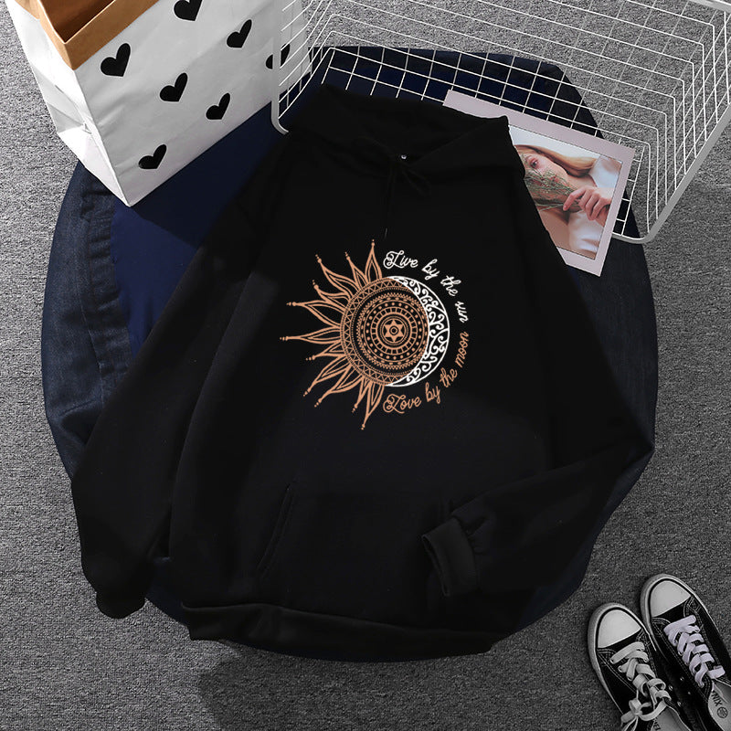 Damen nan Kapuzenpullover mit Sonn-und-Mond-Mandala, Kängurutasche und angerautem Fleece Nord Taschen