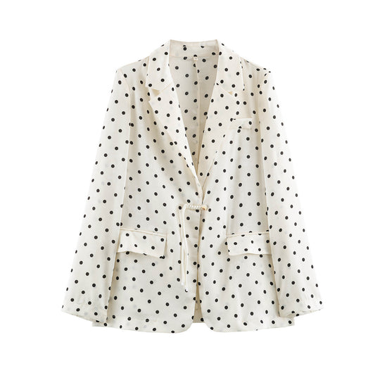 Damen Leichter gepunkteter Blazer mit Revers, Tunnelzug‑Taillierung und Pattentaschen Nord Taschen