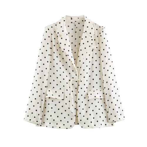 Damen Leichter gepunkteter Blazer mit Revers, Tunnelzug‑Taillierung und Pattentaschen Nord Taschen