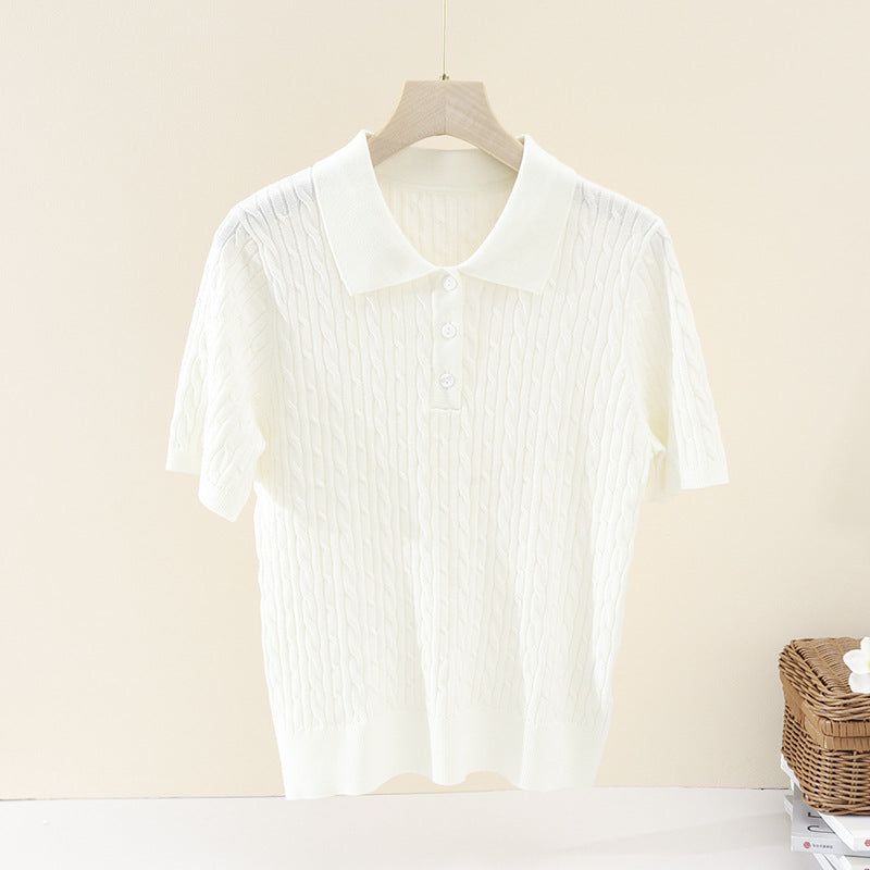 Damen Kurzärmeliges Strick-Poloshirt mit Zopfmuster und Knopfleiste Nord Taschen