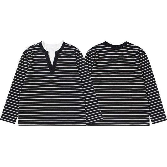 Damen Gestreiftes Strickshirt mit V-Ausschnitt und Lagenlook Nord Taschen
