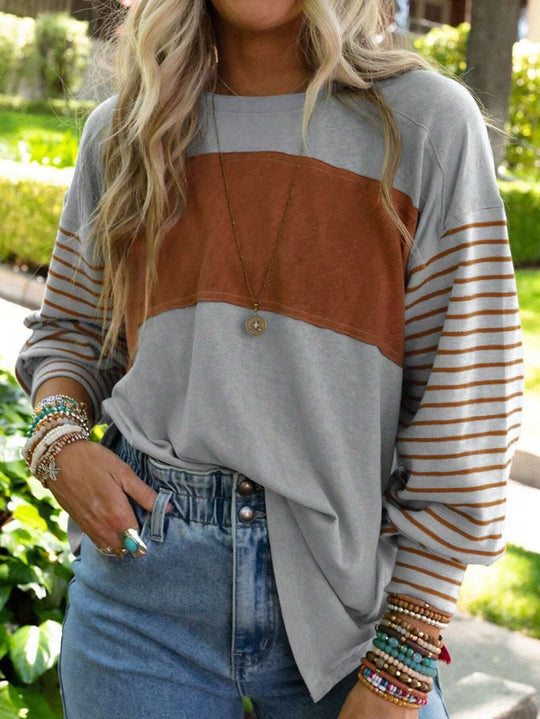 Damen Lockeres Colorblock-Sweatshirt mit gestreiften Ärmeln und Rundhalsausschnitt Nord Taschen