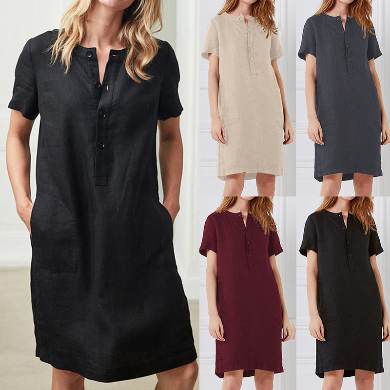 Damen lässiges Leinenkleid mit Knopfleiste und praktischen Taschen