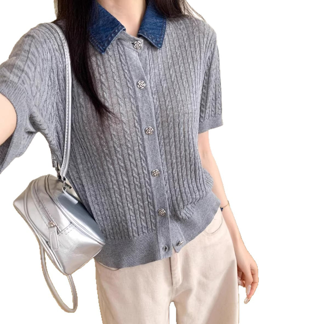 Damen Kurzarm-Strickcardigan mit Zopfmuster und kontrastierendem Jeanskragen Nord Taschen