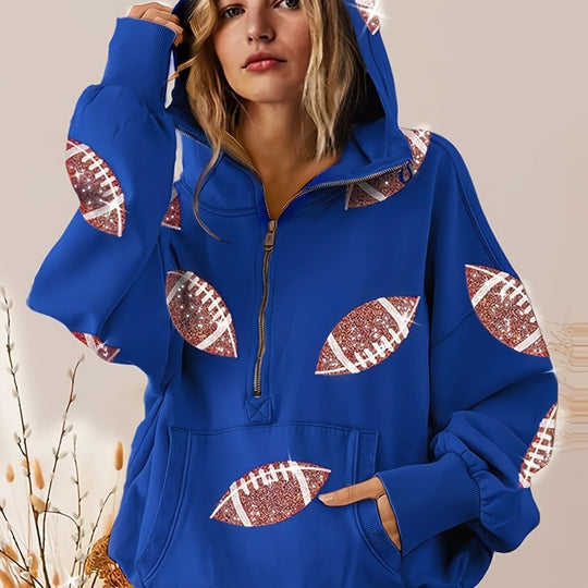 Damen Oversized Kapuzenpullover mit halbem Reißverschluss und Pailletten‑Football-Applikation Nord Taschen