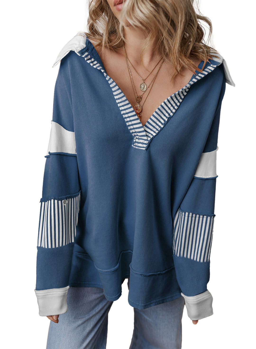 Damen Oversize-Sweatshirt mit tiefem V-Ausschnitt, Streifeninnenkragen und Kontrastärmeln Nord Taschen