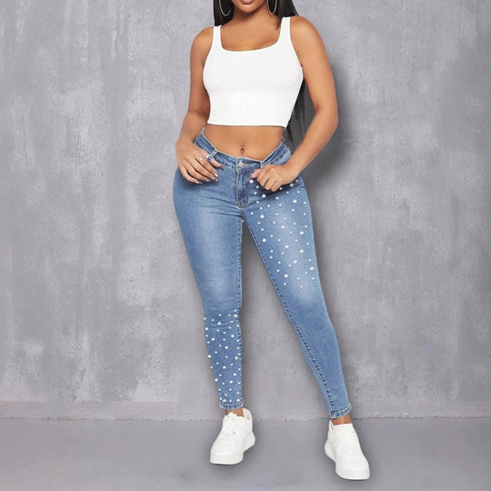 Damen High-Waist Skinny-Jeans mit Perlenapplikation Nord Taschen