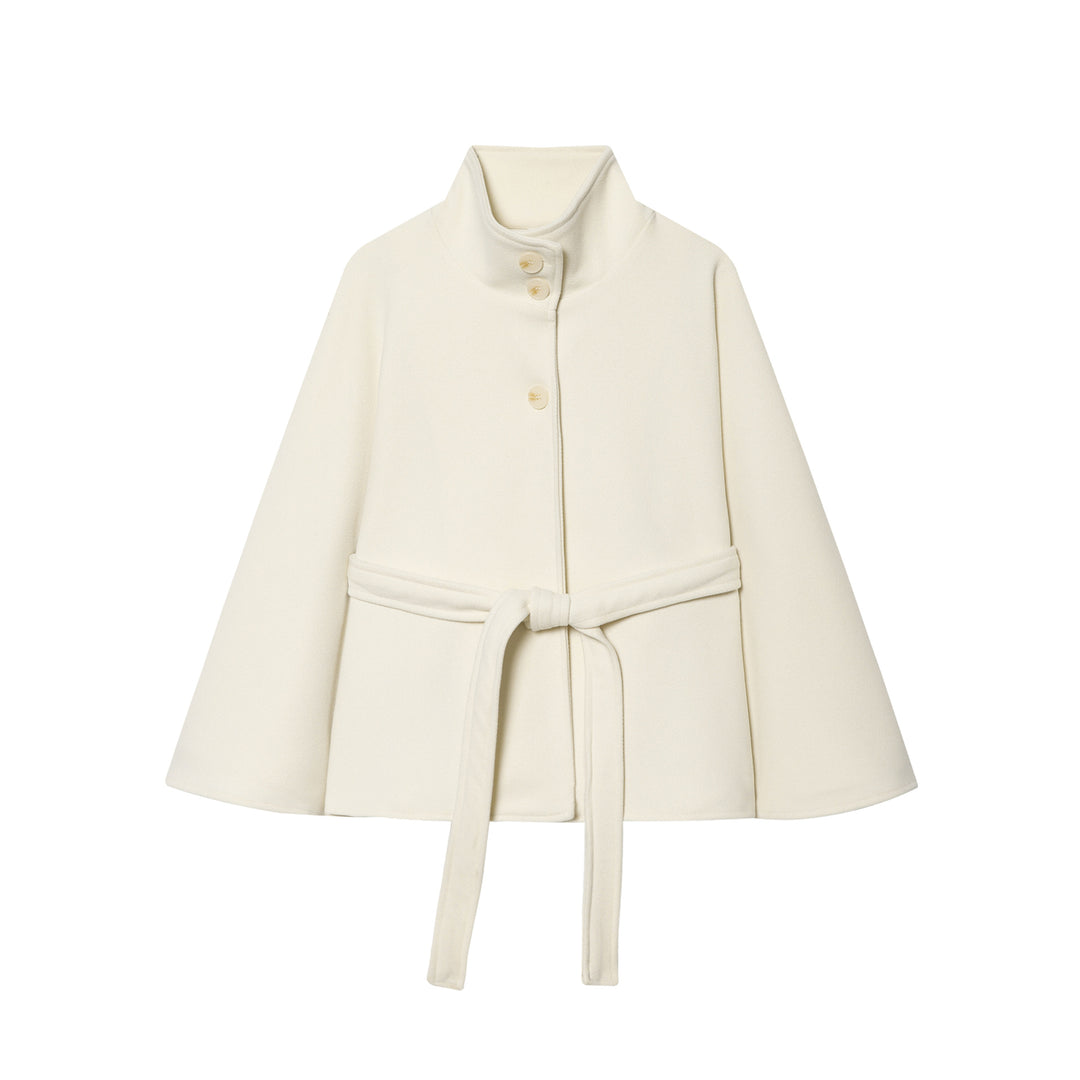 Damen Kurzes Cape-Mantel mit Stehkragen, Knopfleiste und Bindegürtel Nord Taschen