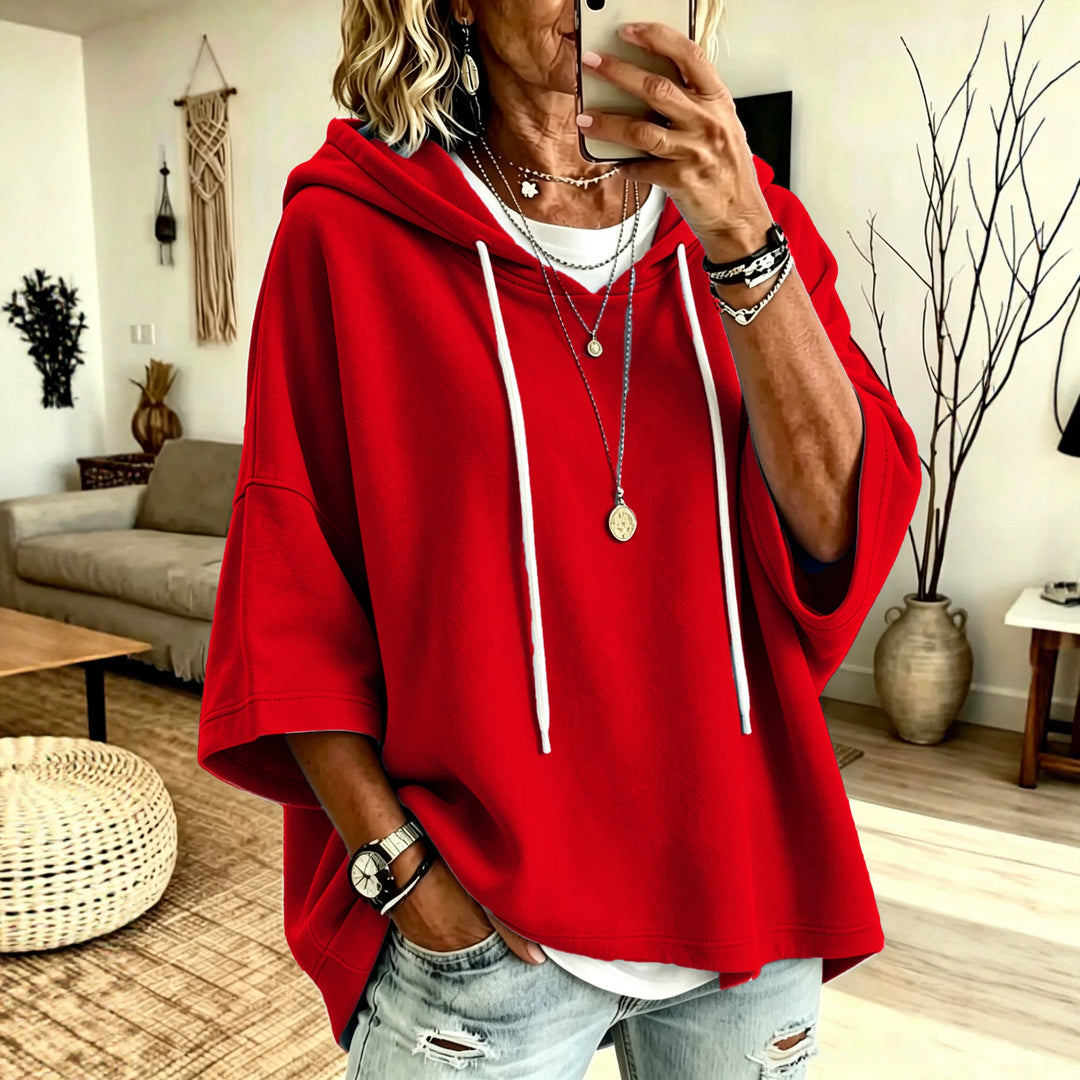 Damen Kurzarm-Oversize-Hoodie mit Kapuze und Kontrastkordel Nord Taschen