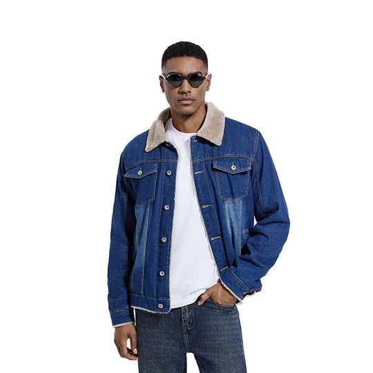 Herren Robuste Denim-Truckerjacke mit Sherpa-Futter und Teddykragen Nord Taschen