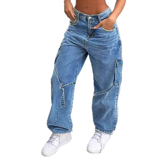 Damen Baggy-Cargo-Jeanshose mit weitem Bein, aufgesetzten Taschen und Reißverschluss-Detail Nord Taschen