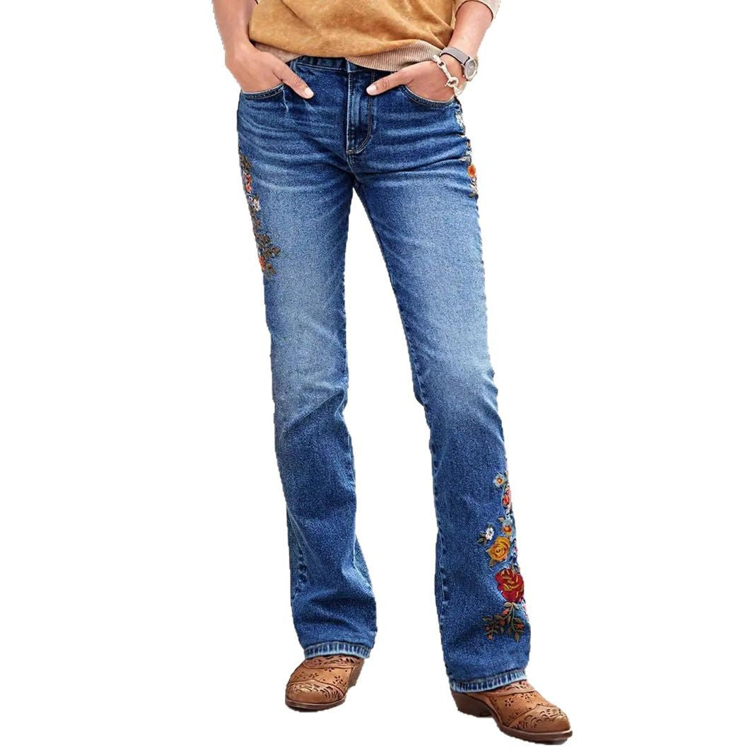 Damen Bootcut-Jeans mit seitlicher Blumenstickerei und komfortablem Stretchbund Nord Taschen