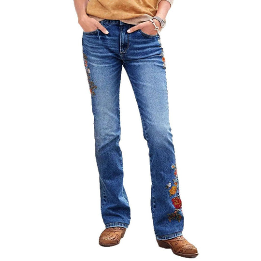 Damen Bootcut-Jeans mit seitlicher Blumenstickerei und komfortablem Stretchbund Nord Taschen
