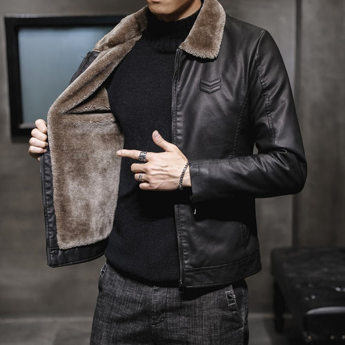 Herren Lässige Lederoptik-Jacke mit Teddykragen, Reißverschlusstaschen und schmaler Silhouette Nord Taschen