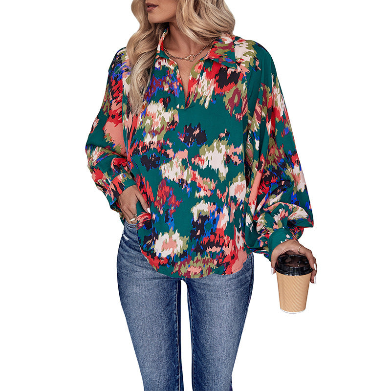 Damen Weites Blusenshirt mit Hemdkragen, abstraktem Print und Ballonärmeln Nord Taschen