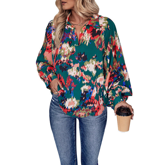 Damen Weites Blusenshirt mit Hemdkragen, abstraktem Print und Ballonärmeln Nord Taschen