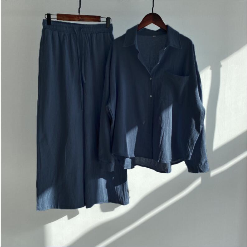 Damen Lockeres Zweiteiliges Viskose-Loungewear-Set mit Hemdbluse und weiter Palazzohose Nord Taschen