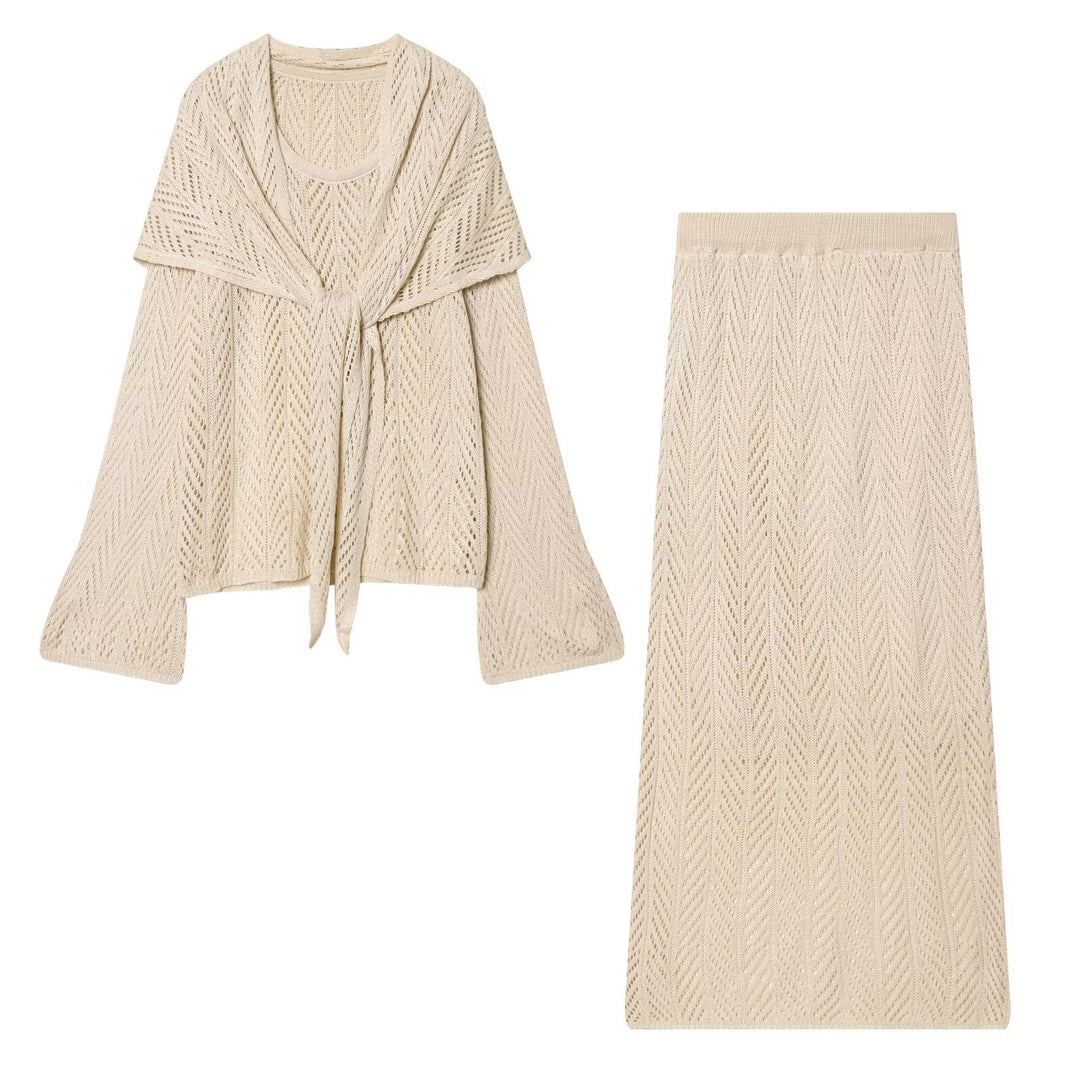 Damen Ajourstrick-Set mit offener Cardigan und Midirock Nord Taschen