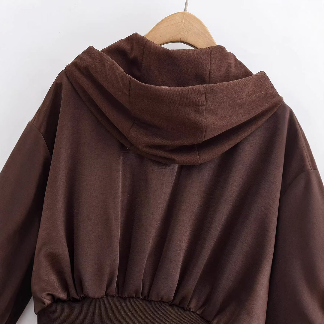 Damen Cropped Kapuzenjacke mit Reißverschluss, übergroßen Ärmeln und breitem Rippbund Nord Taschen