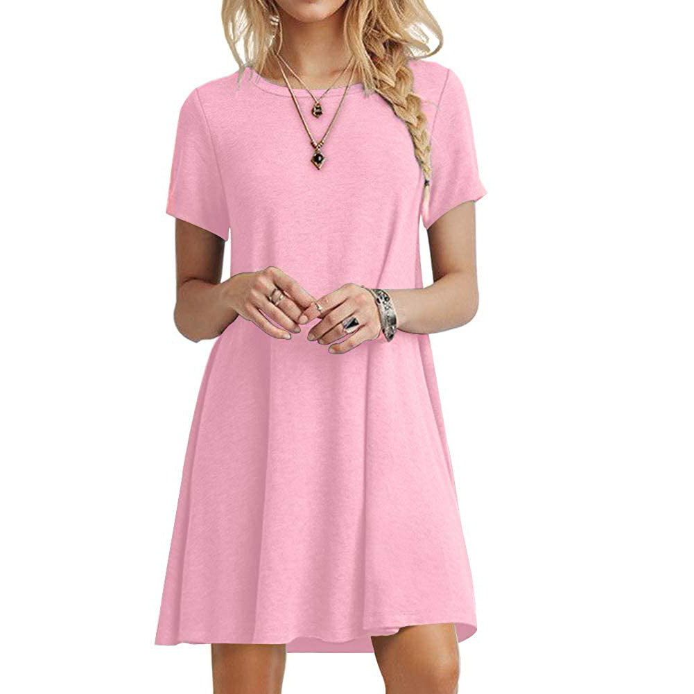Damen locker fallendes Freizeitkleid mit Rundhalsausschnitt und kurzen Ärmeln