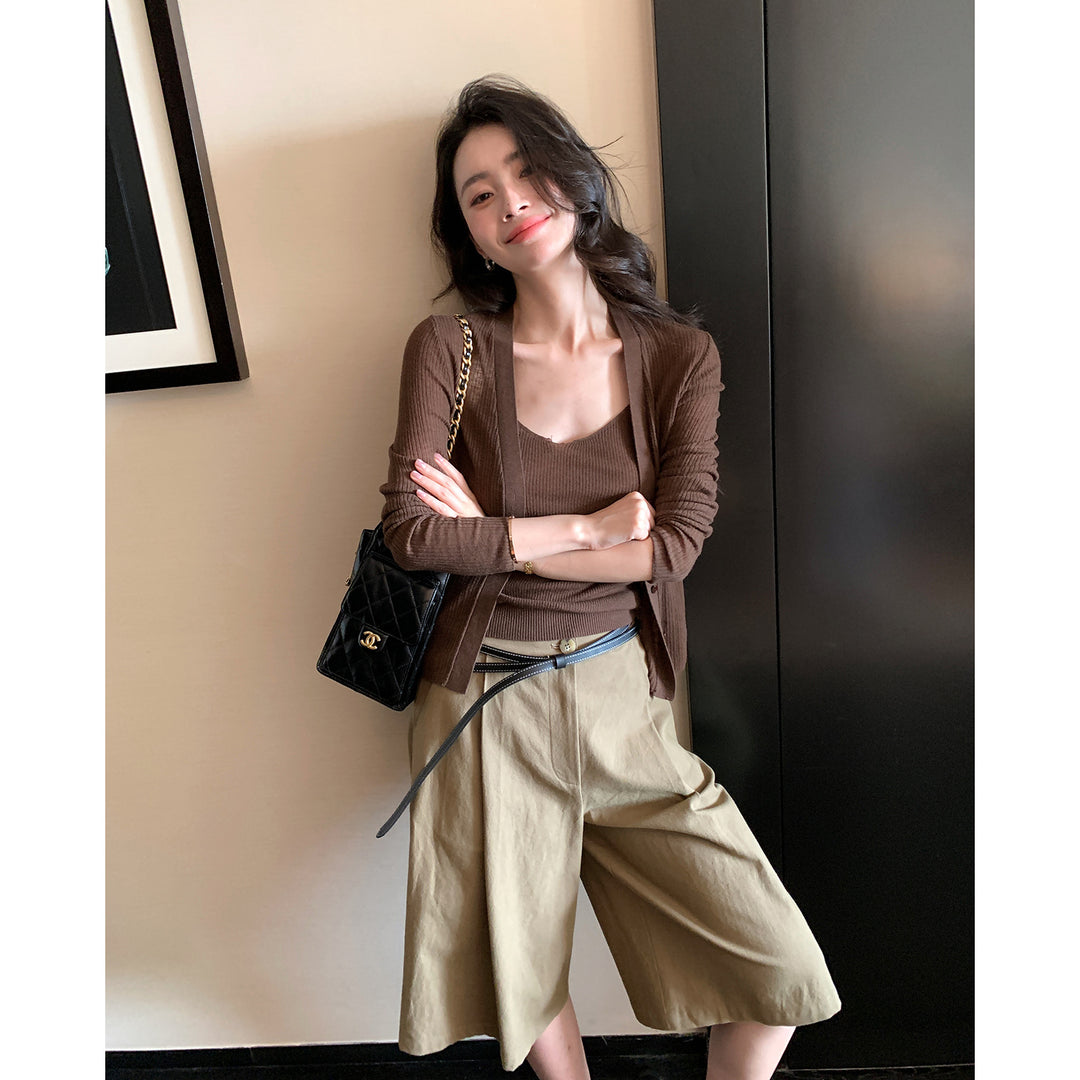 Damen Gerippter Cropped Spaghettiträger-Top mit passendem Feinstrick-Cardigan Set Nord Taschen