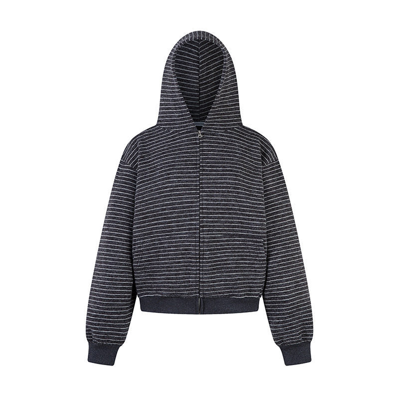 Damen Kurz geschnittene Kapuzen‑Zipjacke mit horizontalem Streifenrelief und elastischem Bund Nord Taschen