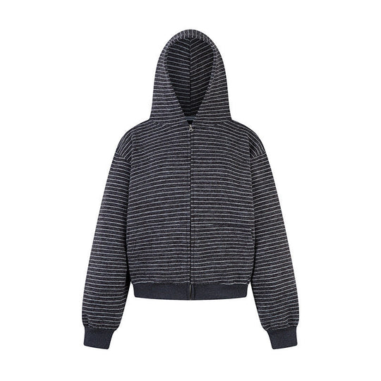 Damen Kurz geschnittene Kapuzen‑Zipjacke mit horizontalem Streifenrelief und elastischem Bund Nord Taschen