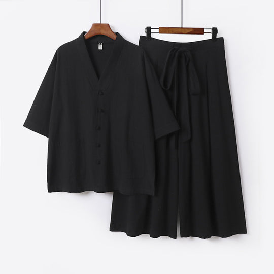 Damen Zweiteiliges Kimono-Lounge-Set mit Kurzarm-Knopfjacke, aufgesetzten Taschen und weiten Palazzo-Hosen Nord Taschen