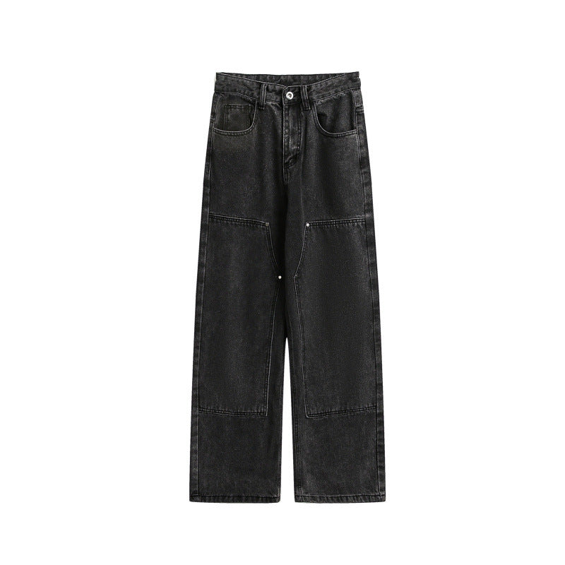 Damen Weite Utility-Denimhose mit Knie‑Patch, hohem Bund und geradem Bein Nord Taschen