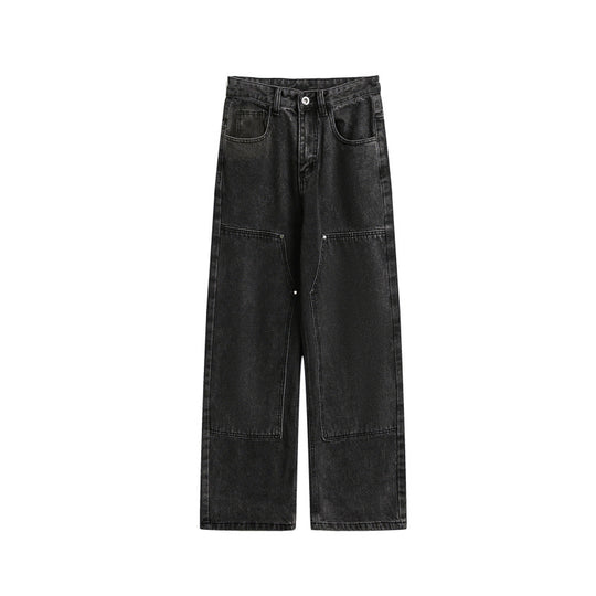 Damen Weite Utility-Denimhose mit Knie‑Patch, hohem Bund und geradem Bein Nord Taschen