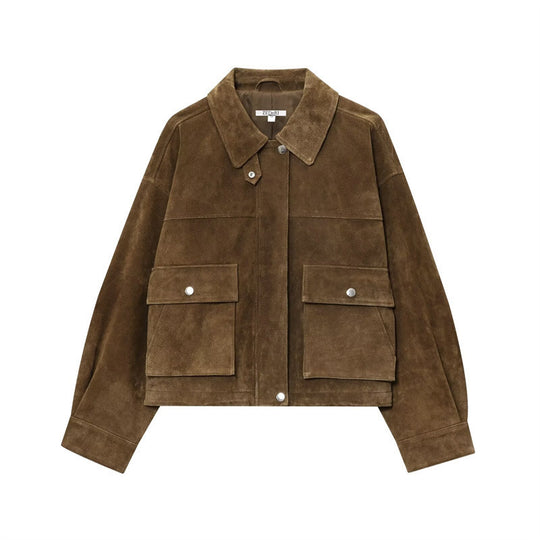 Damen Kurz geschnittene Boxy‑Veloursblousonjacke mit Pattentaschen und verdeckter Druckknopfleiste Nord Taschen
