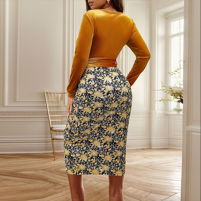 Damen Wickelkleid mit Samtoberteil und floraler Jacquard-Bleistiftrock Nord Taschen
