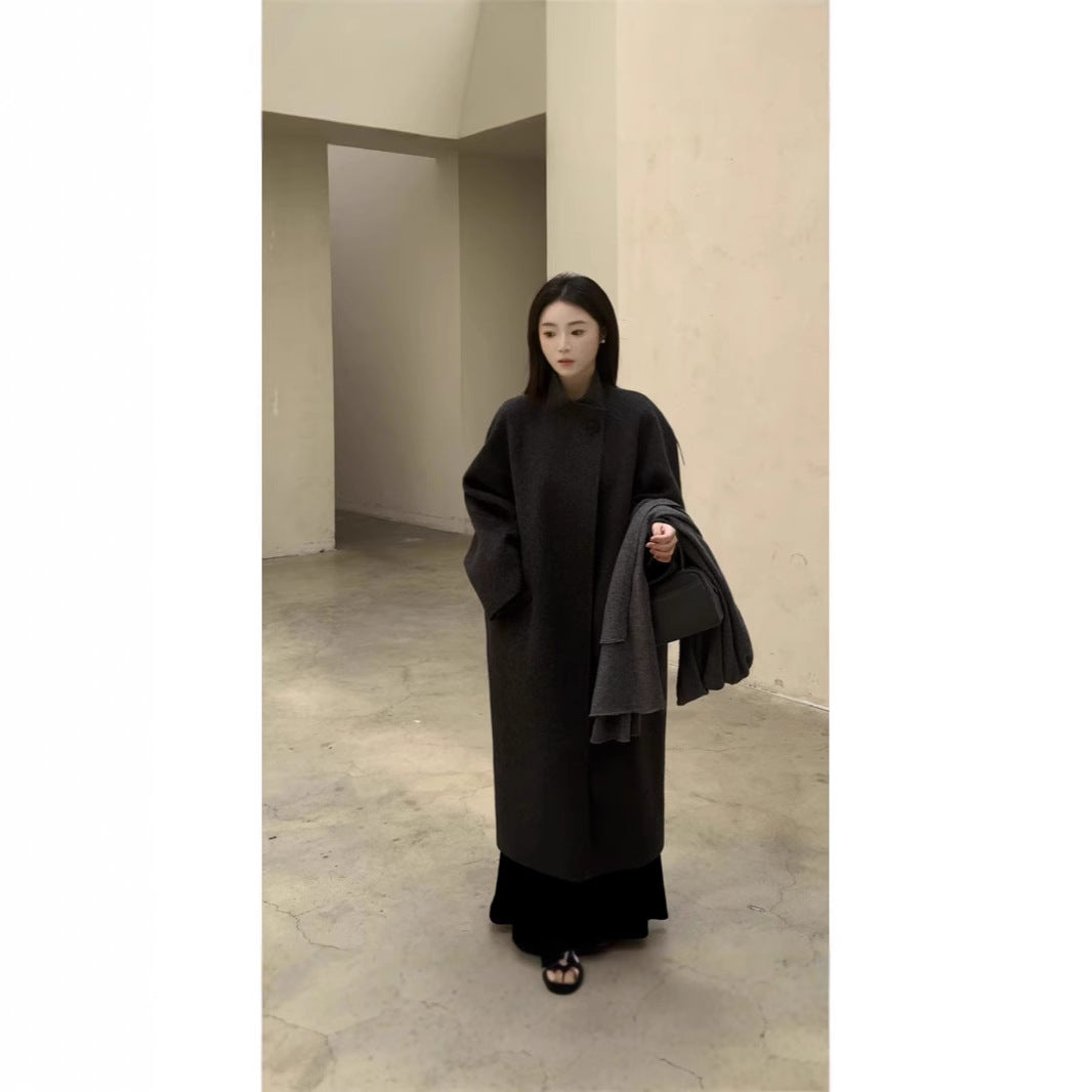 Damen Oversized Wollmantel mit Stehkragen und Ein-Knopf-Verschluss Nord Taschen