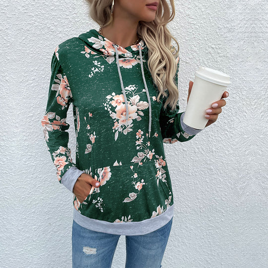 Damen Lässiger Kapuzenpullover mit floralem Vintage-Print, Kängurutasche und kontrastenden Bündchen Nord Taschen