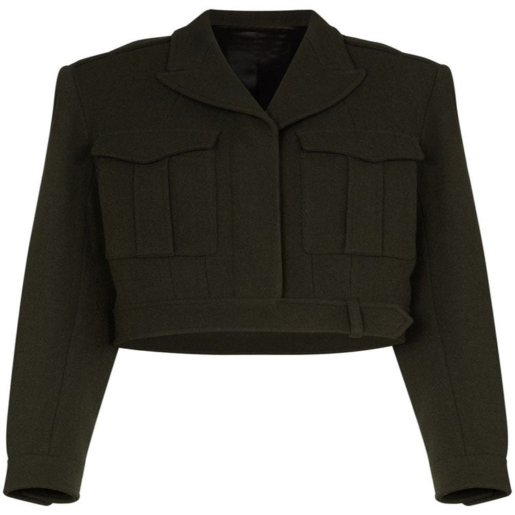 Damen Kurzjacke im Military-Tailoring aus Wollmix mit Pattentaschen und Taillengürtel Nord Taschen