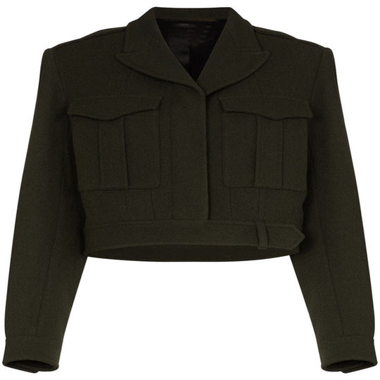 Damen Kurzjacke im Military-Tailoring aus Wollmix mit Pattentaschen und Taillengürtel Nord Taschen