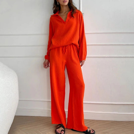 Damen Leichtes Crinkle-Lounge-Set mit V-Ausschnitt und weiter High-Waist-Hose Nord Taschen