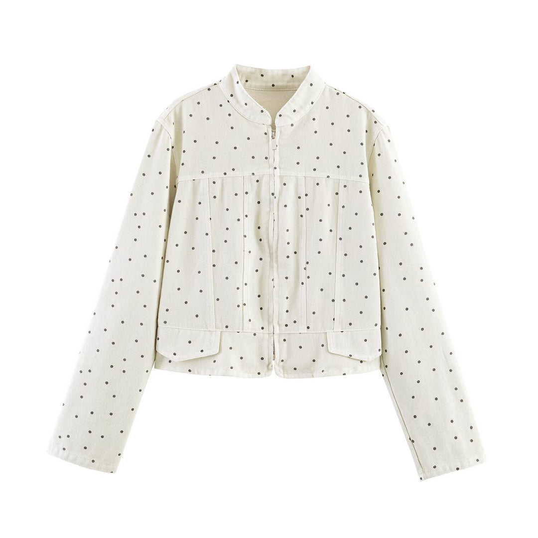 Damen Gepunktete Cropped-Jacke mit Stehkragen, Reißverschluss und aufgesetzten Taschen Nord Taschen