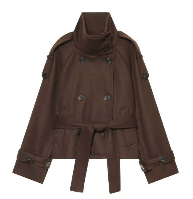 Damen Kurzer zweireihiger Cape-Mantel aus Wolle mit Stehkragen Schulterklappen und Bindegürtel Nord Taschen