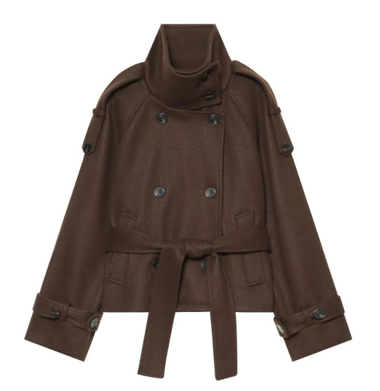 Damen Kurzer zweireihiger Cape-Mantel aus Wolle mit Stehkragen Schulterklappen und Bindegürtel Nord Taschen