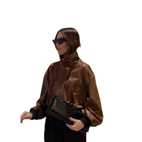 Damen Kurz geschnittener Lederblouson mit hohem Stehkragen und Ballonärmeln Nord Taschen