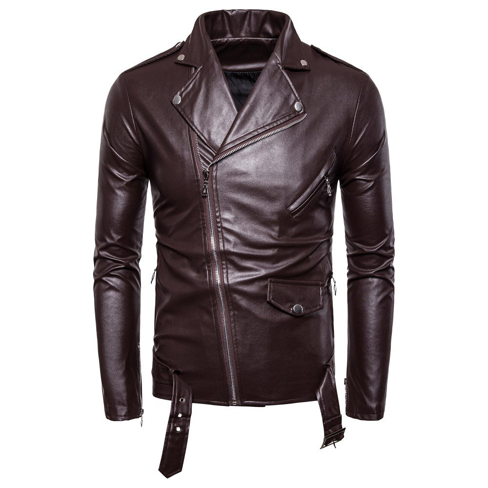 Herren Biker-Lederjacke im Slim-Fit mit asymmetrischem Reißverschluss und Taillengürtel Nord Taschen