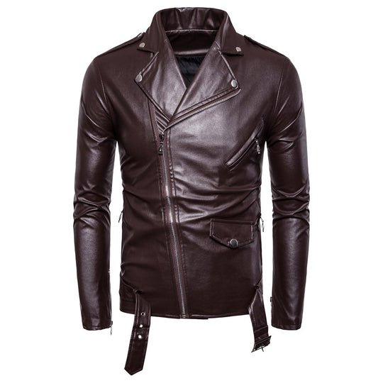 Herren Biker-Lederjacke im Slim-Fit mit asymmetrischem Reißverschluss und Taillengürtel Nord Taschen