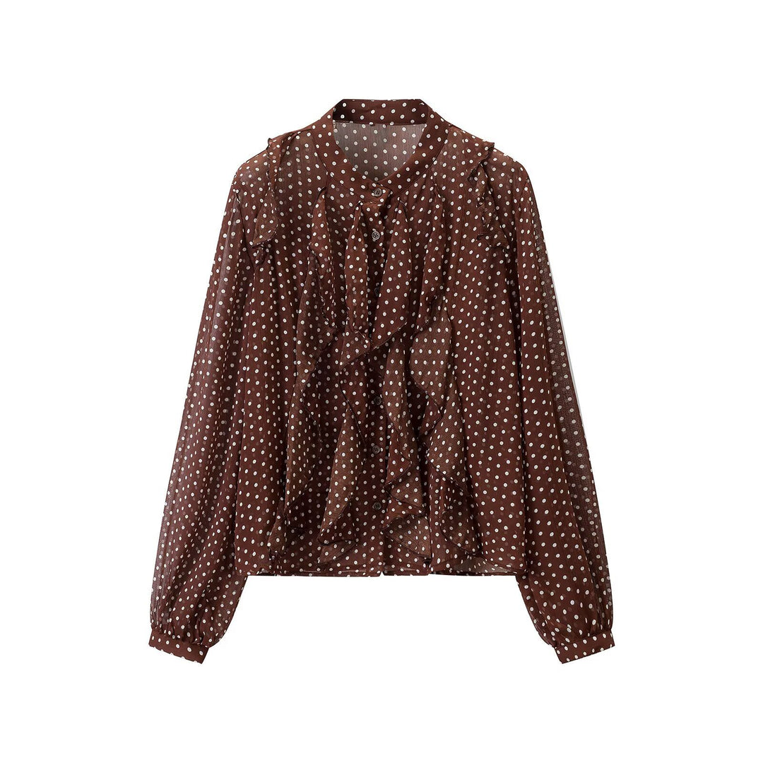 Damen Semitransparente Chiffonbluse mit Polka-Dots, Volants und Schleifenkragen Nord Taschen
